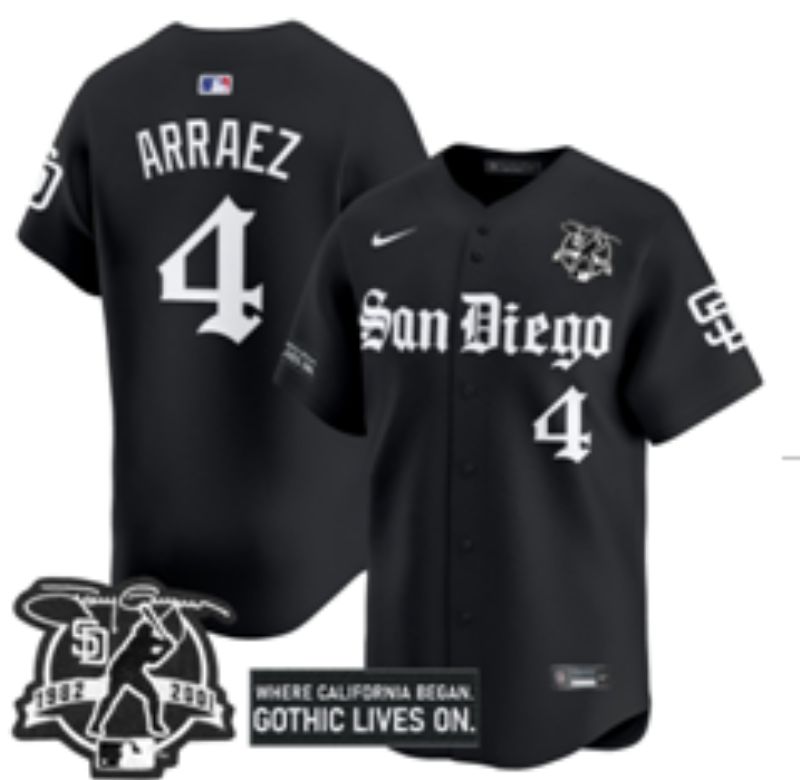 Men 2025 San Diego Padres #4 Arraez Black Five generations Joint Name Nike MLB Jersey style 11->san diego padres->MLB Jersey